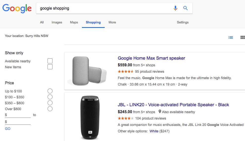 Google shopping Australia